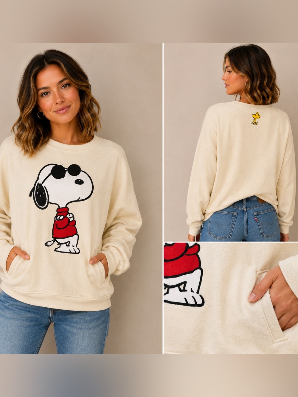 Sinsay Cream Snoopy & Woodstock Graphic Sweatshirt Oversized Large 26”ptp